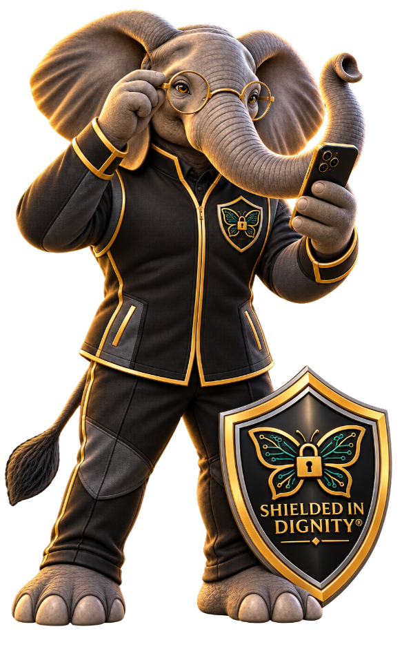 SID the Elephant wearing glasses and reviewing a phone beside the official shield