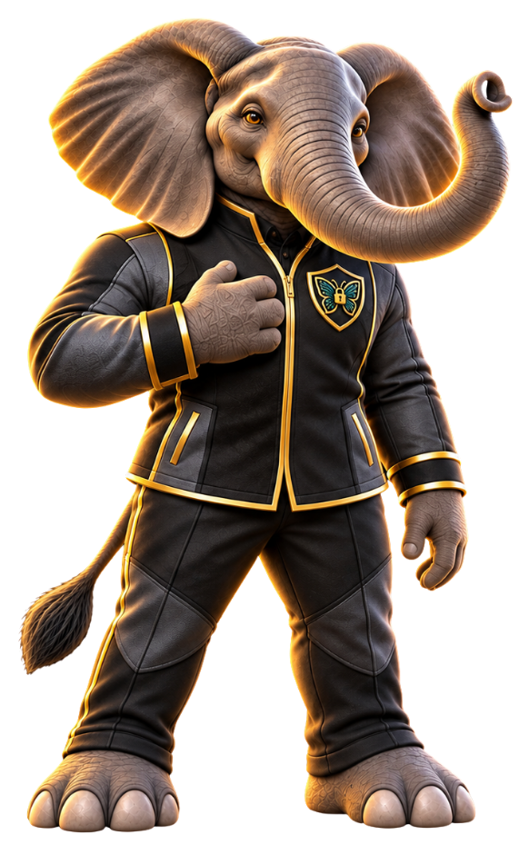 SID the Elephant with a hand at the chest, wearing the official shield emblem